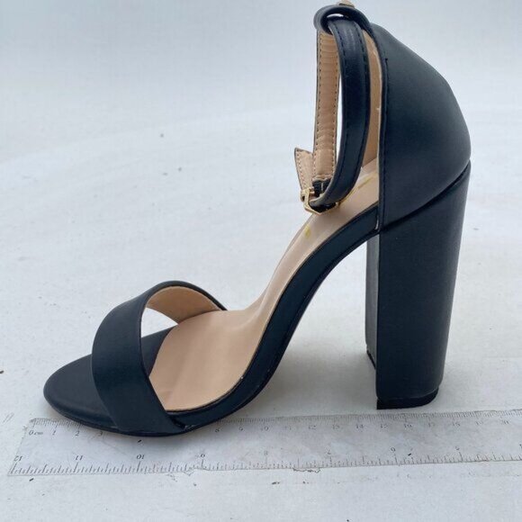 FSJ Black Chunky High Heel Sandals Open Toe Ankle Strap Single Band Dress Shoe - Picture 2 of 8